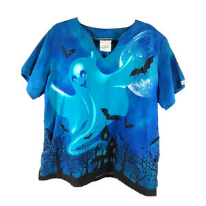 U A Scrubs Women's Scrub Top Size X Large Halloween Slight Fading Bats Ghost...